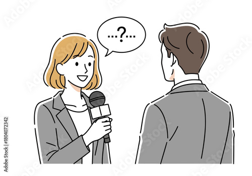 Illustration of a female reporter with a microphone asks a question to a man
