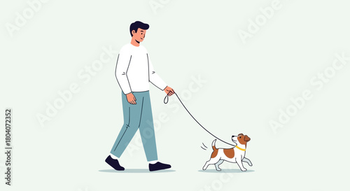 Illustration of a man walking his small dog on a leash, enjoying a stroll together in a simple, clean illustration style with a light background