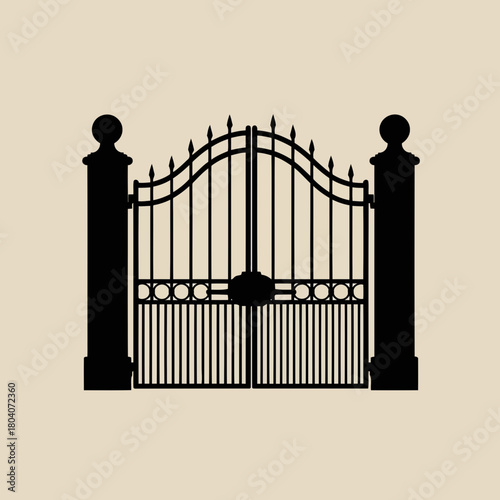 Illustration of silhouette of an ornate wrought iron gate with decorative finials and posts, symbolizing entry and access