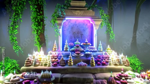 Decorated Spiritual Altar with Offerings and Mystical Purple Lighting