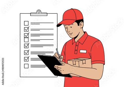 Illustration of delivery man in red uniform checking a checklist on a clipboard while holding a package