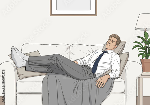 Illustration of a man in a suit and tie relaxes on a couch with his feet up, looking tired or bored in a living room setting