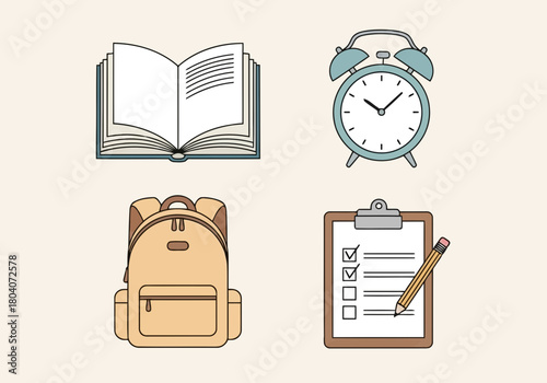 Illustration of a collection of school supplies including an open book, alarm clock, backpack, and checklist with a pencil, representing education and time management