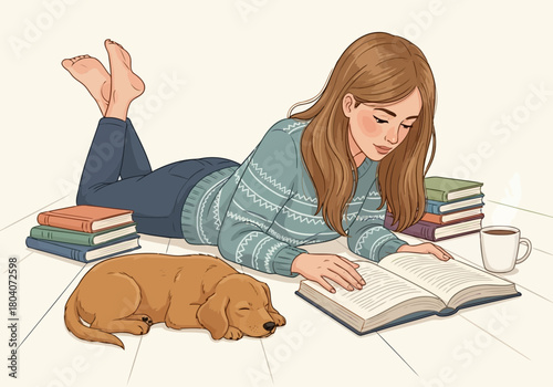 Illustration of a young woman with long brown hair wearing a blue sweater and jeans lies on the floor reading a book with her dog sleeping beside her