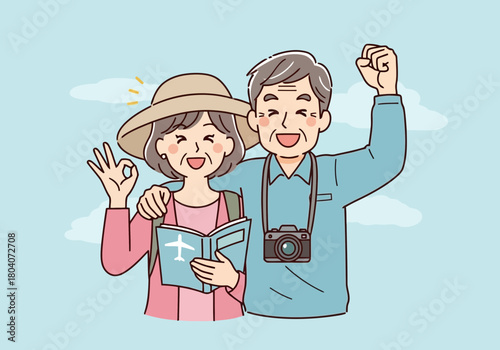 Illustration of an elderly couple, a man and a woman, embrace happily while holding a travel book and wearing a camera, ready for a vacation or trip, symbolizing retirement joy and adventure