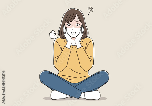 Illustration of a woman sitting crosslegged with her hands on her face, looking confused with a question mark above her head