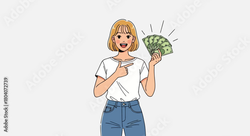 Illustration of excited young woman holding a fan of money and pointing, looking happy and successful with a bright, energetic expression
