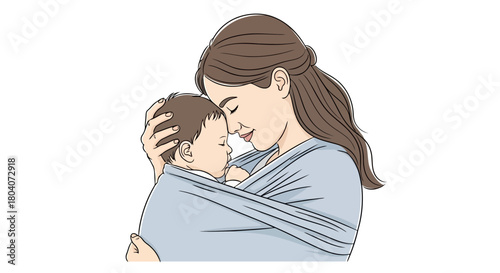 Illustration of a mother tenderly holding her baby, wrapped in a sling, conveying love, care, and maternal bond