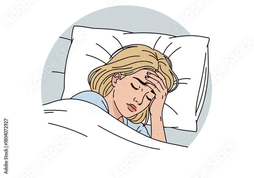 Illustration of woman lying in bed with eyes closed, holding her forehead, appearing to be sick or in pain, with a white pillow and blanket