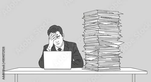 Illustration of a stressed businessman overwhelmed by a huge stack of paperwork, sitting at his desk with a laptop, symbolizing workload and pressure