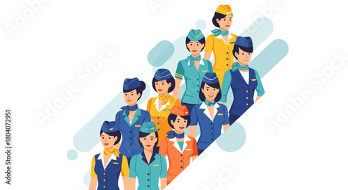 Diverse Group of Flight Attendants in Uniforms Illustration.