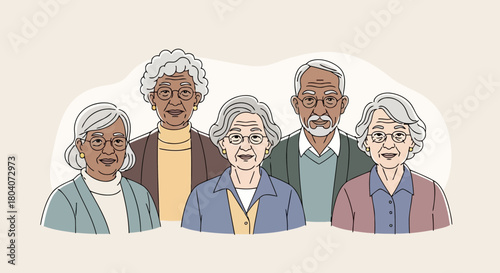 Illustration of a diverse group of five elderly people with different ethnicities and hairstyles, smiling and looking forward