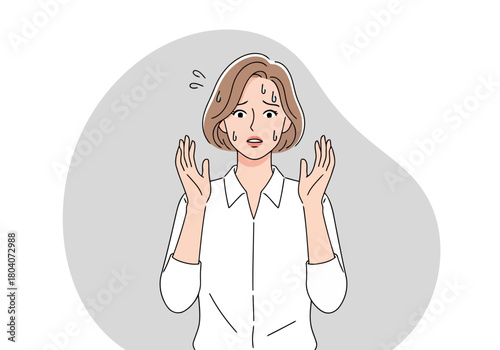 Illustration of a young woman with short brown hair, wearing a white shirt, looking stressed and sweating profusely