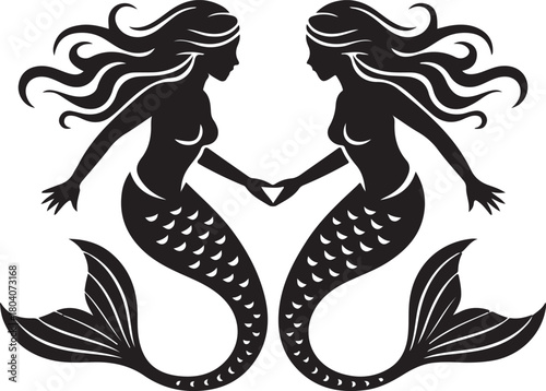 Black and white silhouette illustration of two mermaids holding hands with flowing hair and scaled tails