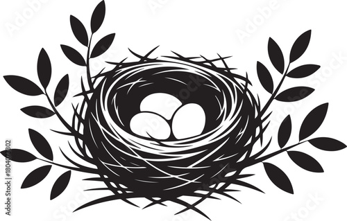 Black and white silhouette of a bird's nest with three eggs and surrounding leaves bird nest