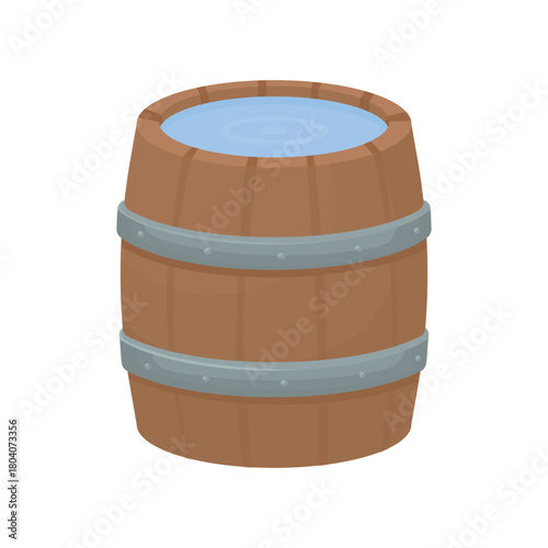 A wooden barrel filled with water on a white background. Water storage.