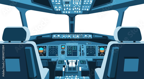 Airplane Cockpit Interior Illustration with Detailed Instruments.