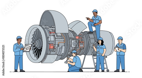 Aircraft Engine Maintenance Team Working on Jet Engine.