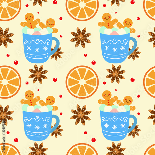 Christmas blue hot chocolate mugs with marshmallows and gingerbread cookies. Designed with star anise and orange slices. Christmas spirit.