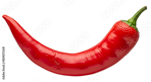 Close up of a single shiny red chili pepper with a green stem against a black background