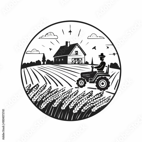 Morning Countryside Wheat Field with European Farmhouse and Farmer on Tractor – Linocut Style Illustration