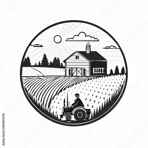 Morning Countryside Wheat Field with European Farmhouse and Farmer on Tractor – Linocut Style Illustration