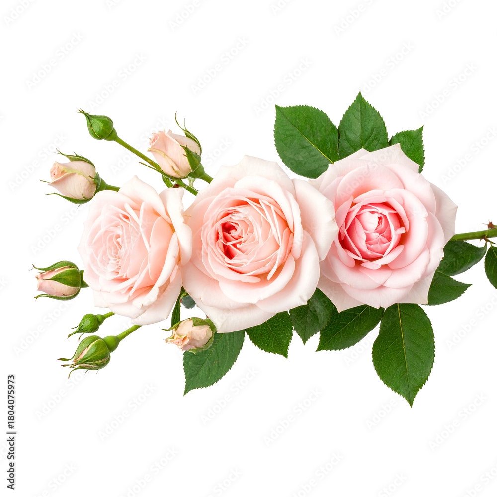 Naklejka premium Delicate Rose Arrangement: A close-up view captures the soft, subtle beauty of a collection of blush roses, complemented by the fresh green foliage. A visual symphony of nature's beauty