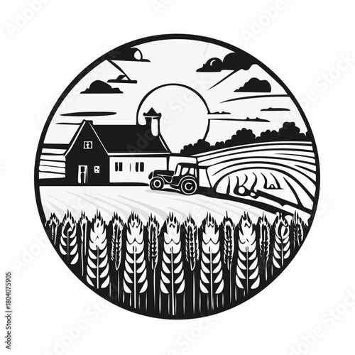 Morning Countryside Wheat Field with European Farmhouse and Farmer on Tractor – Linocut Style Illustration