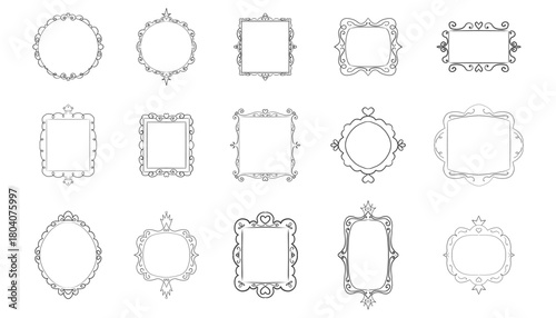 Princess frame mirror set line fairy. Whimsical cute doodle mirrors with crown for baby princess. Collection elegant pastel decor.