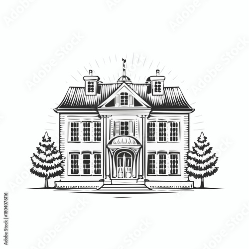 European classic house illustrated in a refined vintage engraving vector style.