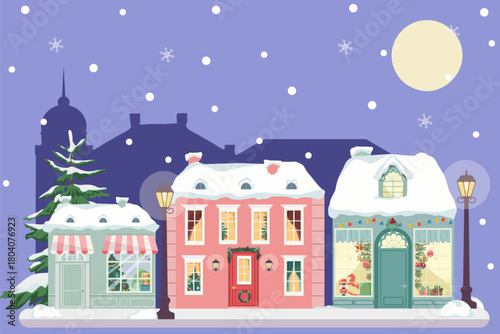 New Year's evening street with cute houses and shops on isolated background.