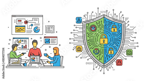 High-quality black outline colorful art of cybersecurity shield with locks and circuits and tech meeting discussing digital strategy with laptops, charts, and interface sketches, minimalist futuristic