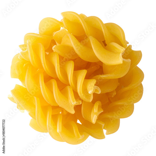 Golden Fusilli Pasta: An overhead shot showcases the exquisite spiral shape of perfectly cooked fusilli pasta. with a focus on its natural, golden hue and delicious texture.