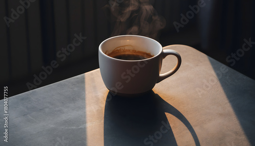 cozy images of a steaming cup of coffee or tea placed on a dark table surface. The warm, low-angle light highlights the steam and creates a cozy, contemplative mood.