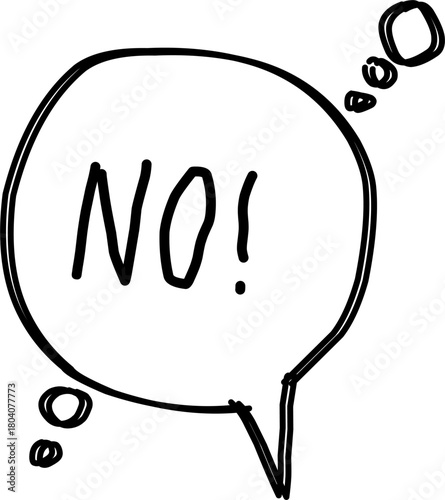 Hand-drawn speech bubble with bold “NO!” text in black and white. Expresses refusal, rejection, interrupting thoughts, strong message, or firm disagreement in a sketch style.
