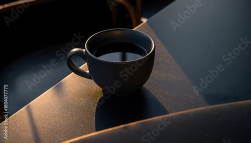 cozy images of a steaming cup of coffee or tea placed on a dark table surface. The warm, low-angle light highlights the steam and creates a cozy, contemplative mood.