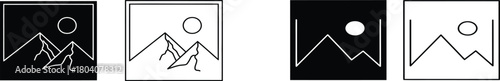 Image and picture gallery icon set. Photo placeholder symbols with mountains and sun in solid and outline styles.