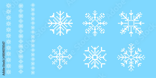 Set y2k pixel art snowflake winter crystal and borders, retro 8 bit mosaic ornament. Ice seasonal design element, background. 90s aesthetics vintage games.