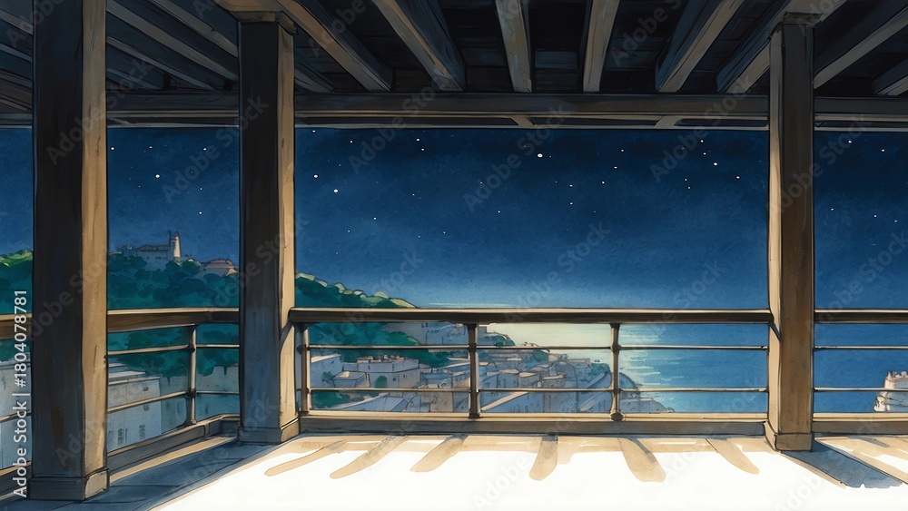 Naklejka premium ゲーム背景 夜の街並みを見下ろす吹き抜けのテラス席