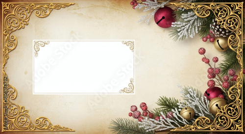 Vintage Christmas Card With Golden Filigree Corners, Aged Paper Texture, Festive Ornaments and Central Blank White Text Area
