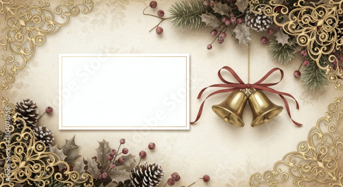 Vintage Christmas Card With Golden Filigree Corners, Aged Paper Texture, Festive Ornaments and Central Blank White Text Area