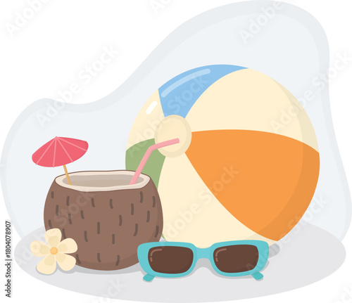 Summer still life with colorful beach ball, refreshing coconut cocktail, stylish sunglasses and plumeria flower. 