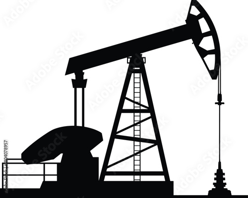 Oil pump jack silhouette illustration, petroleum extraction equipment, industrial energy infrastructure, black vector icon, white background, mechanical design