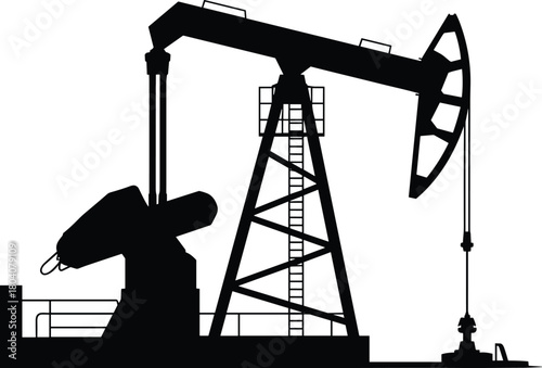 Oil pumpjack silhouette illustration, petroleum extraction machinery, industrial energy infrastructure, black vector icon, mechanical design, white background