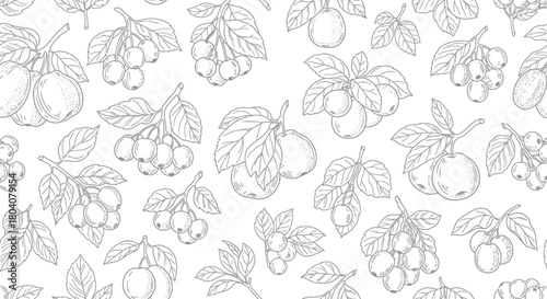 Seamless Pattern of Hand-Drawn Fruit Branches with Leaves and Berries.