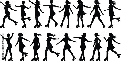 Roller skating silhouette vector set, dynamic female poses in motion, black dress skater illustrations, sport movement, dance, balance, action design