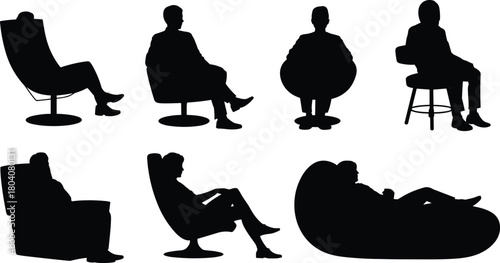 Seated figure silhouette vector set, six poses in various chair styles and postures for furniture design, ergonomics, and lifestyle illustration