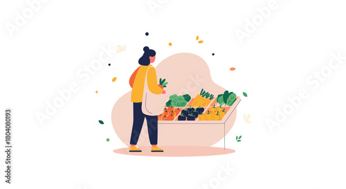 An illustration depicts a woman shopping for fresh produce at a farmers market, selecting fruits and vegetables for a healthy lifestyle.