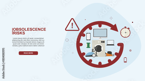 Risks of product obsolescence, featuring a circular gear arrow enclosing home appliances, with clock, battery, and caution symbols. Obsolescence banner concept. Flat design. Vector illustration