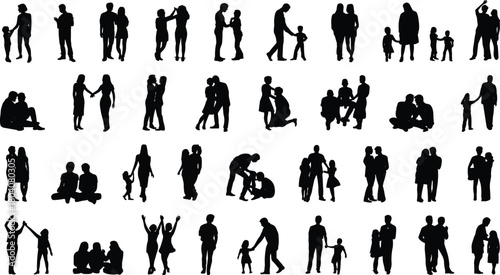 Adult and child silhouette vector set, family interaction poses, emotional bonding clipart, caregiving moments, minimalist black figures, lifestyle relationship icons